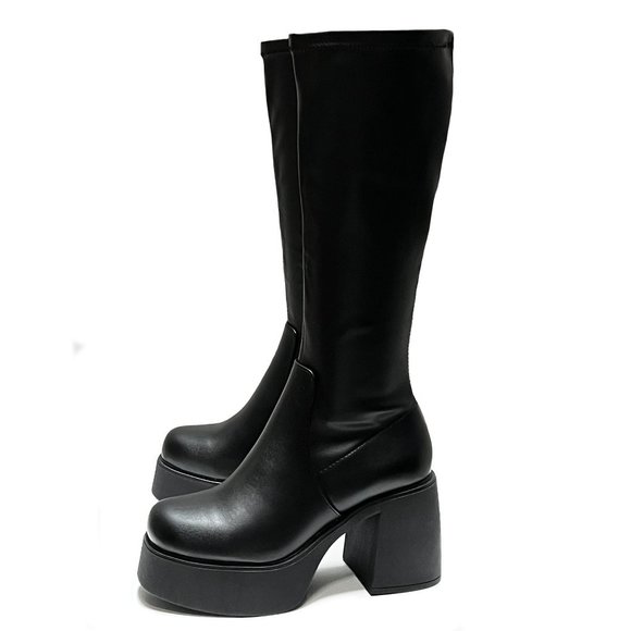 Shoes | New Black Stretchy Platform Chunky Heel Tall Knee High Boots ...